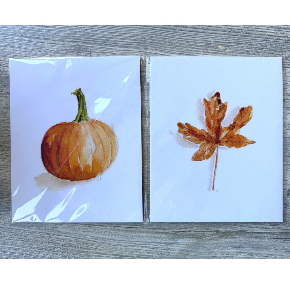 Autumn Watercolor Art Prints Set 8x10 Pumpkin and Maple Leaf Fall Decor 2pc